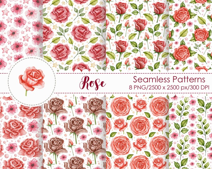 Patten's Pink Roses Watercolor Pink Roses Seamless Patterns: Boho Floral Paper (digital ...