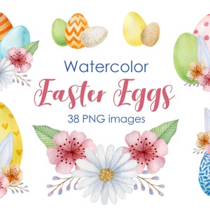 Clipart di uova di Pasqua ad acquerello: coniglietto floreale PNG (download digitale)