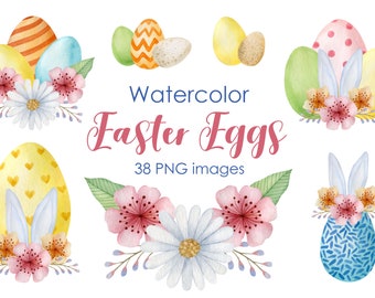 Watercolor Easter Eggs Clipart: Floral Bunny PNG (Digital Download)
