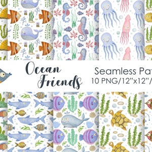 May include: Ten digital seamless patterns featuring watercolor illustrations of ocean animals and plants. The patterns include a whale, seahorse, octopus, squid, fish, crab, turtle, and seaweed. The patterns are 12 inches by 12 inches and 300 DPI.