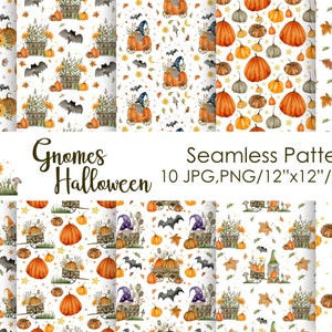 Download Halloween Seamless patterns, Gnomes pumpkin,autumn, Digital paper, cute characters, Handmade watercolor, surface pattern JPG, PNG.