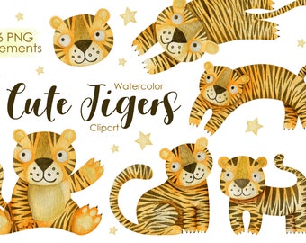 Cute Watercolor Tigers Clipart, Jungle Animals (PNG Digital Download)