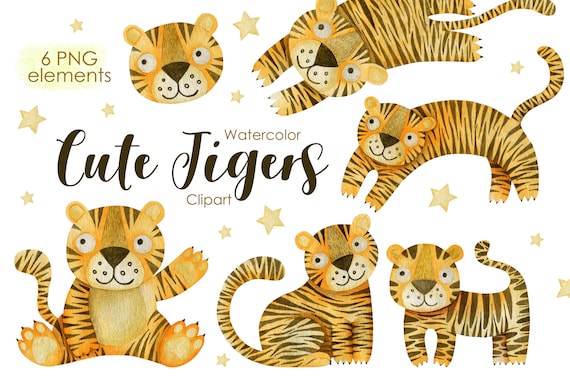 Cute Watercolor Tigers Clipart, Jungle Animals (PNG Digital Download)