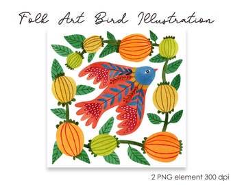 Watercolor Folk Art Bird Clipart: Spring Flowers PNG (Digital Download)