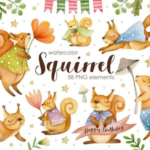 Aquarelle clipart écureuil, petit écureuil, clipart écureuil mignon, forêt, fleurs, art animaux, nature, clipart automne, écureuil PNG.