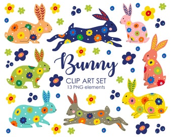 Easter Bunny Clipart: Folk Art Rabbit PNG, Nursery Decor (Digital Download)