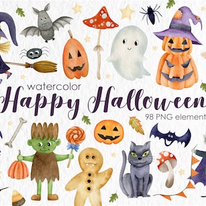 Watercolor Halloween Clipart, Halloween Invitation, Halloween Printables, Cute Monsters, Witch, Vampire, Ghost, Mummy, Frankenstein, House.