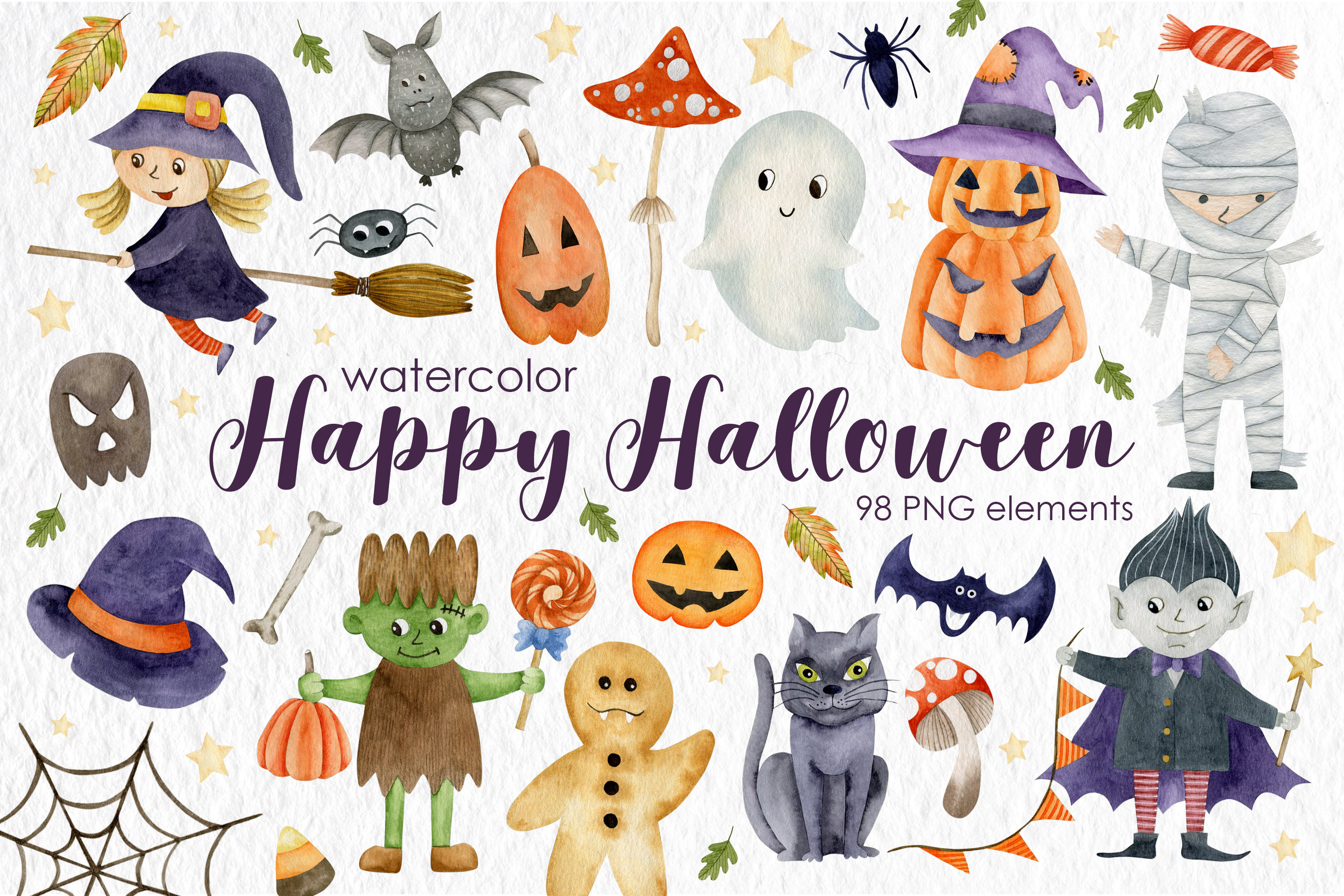 Watercolor Halloween Clipart: 98 PNG Elements (Digital Download)