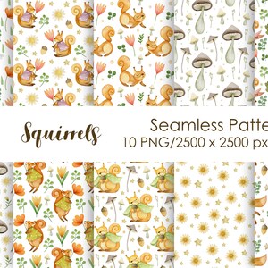 May include: Ten watercolor seamless patterns featuring squirrels, mushrooms, flowers, and stars on a white background. The patterns are 2500 x 2500 pixels and 300 DPI.