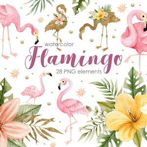 Watercolor Flamingo Clipart, Tropical Summer Clipart, Tropical floral bouquets, Flamingo Nursery Art, Digital Instant Download PNG Files.