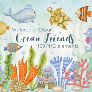 Coleção de clipart de aquarela do mar, clipart de vida oceânica, amigos de animais marinhos, tartaruga, sublimação, recife de coral, tubarão, peixe, sob o mar, PNG