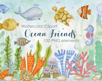 May include: Watercolor clipart of ocean friends, including a blue whale, yellow pufferfish, striped fish, seahorse, turtle, octopus, and coral. The text "Watercolor Clipart Ocean Friends 100 PNG elements" is written in the image.