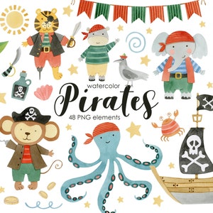 Watercolor Animal Pirates Clipart: Pirate Ship, Party Decor (Instant Download)