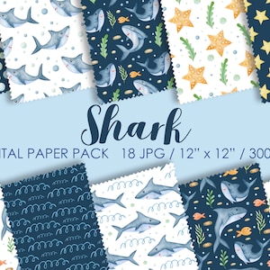 Watercolor Shark digital paper pack, Sea Animals Download, Instant Download,Ocean Life, Printable seamless backgrounds. Baby shark clipart.