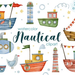 Clipart náutico de acuarela, niños, faro, invitación de baby shower, digital, png, barcos, clipart de olas del océano, descarga instantánea PNG, mar.