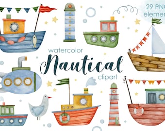 Watercolor Nautical Clipart: Boats, Lighthouse, Ocean (Digital PNG)