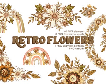 Retro Flower Clipart: Watercolor Boho PNG Graphics (Digital Download)