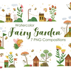 Clipart de acuarela de jardín de hadas, regalo de bebé de princesa de hadas, imágenes prediseñadas de hadas, ramos de jardín, imágenes prediseñadas de casa, fiesta de niñas de hadas, calcomanía de pared.