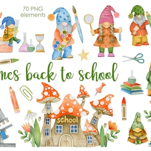 Gnomi Ritorno a Scuola PNG clipart, Download Digitale, gnomi della scuola, acquerello ritorno a scuola clipart, file di taglio della scuola, Insegnante, fungo.