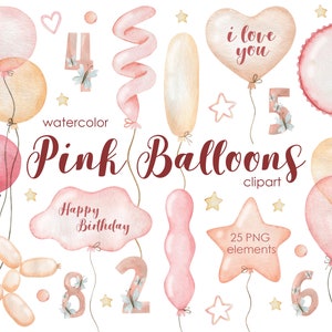 Watercolor Pink Balloons Clipart, Baby girl shower, Birthday Clipart, Balloon Clipart, Valentine Day, Pastel Balloons, Girl Baby Shower, PNG