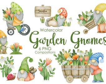 Watercolor Gnome Garden Clipart: Spring Flower PNG Graphics (Digital Download)