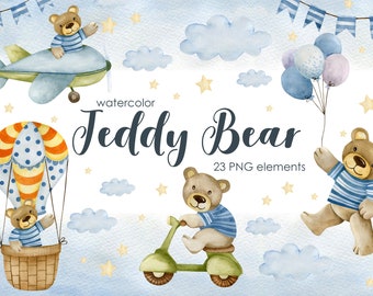 Watercolor Teddy Bear Clipart: Baby Shower Nursery Art (PNG)