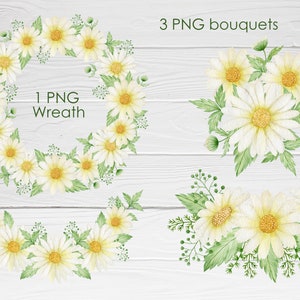 May include: A set of four watercolor illustrations of white daisies with yellow centers and green leaves. The illustrations include a wreath, a bouquet, and two smaller arrangements. The text "1 PNG Wreath" and "3 PNG bouquets" is included in the image.
