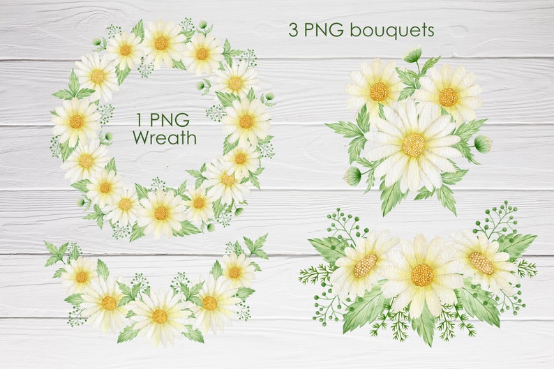 May include: A set of four watercolor illustrations of white daisies with yellow centers and green leaves. The illustrations include a wreath, a bouquet, and two smaller arrangements. The text "1 PNG Wreath" and "3 PNG bouquets" is included in the image.