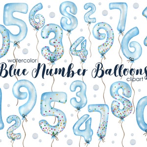 Aquarell blaue Zahlen Luftballons, Luftballons Clipart, blauer Ballon, blau Aquarell, Kinder Clipart, Folienballons, Geburtstagsballon, PNG.