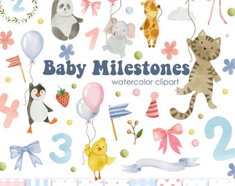 May include: Watercolor clipart set of baby milestones with animals, balloons, and numbers. Includes a penguin, panda, giraffe, elephant, chick, and cat. Also includes a banner, bows, flags, and a ribbon. The numbers 1, 2, 3, and 4 are included. The text "Baby Milestones watercolor clipart" is included.