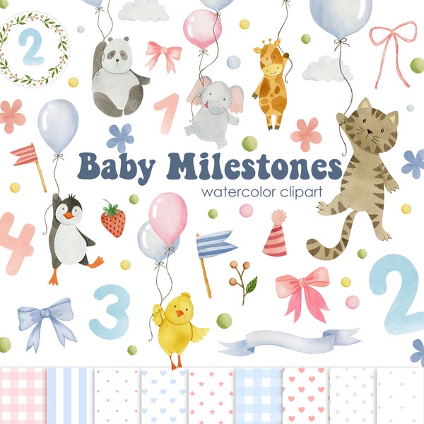 Baby Monthly Milestone clipart, milestone numbers, Watercolor month milestone birthday clipart, Baby Shower gift, animal with baloons png.