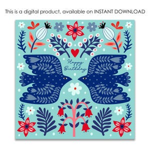 Clipart d'art folklorique, oiseaux d'art folklorique, carte d'anniversaire, carte de voeux d'art folklorique, impression d'art folklorique, art numérique de clipart oiseau, carte de téléchargement immédiat.
