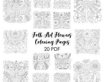 Folk Art Flowers Coloring Pages: Printable Designs (JPG, PNG, PDF)