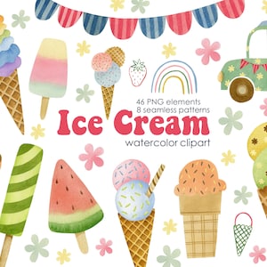 Watercolor Ice Cream Clipart: 46 PNG Elements, Patterns (Digital Download)