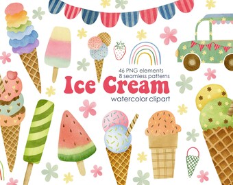 Aquarell Eis Clipart: 46 PNG Elemente, Muster, (digitaler Download)