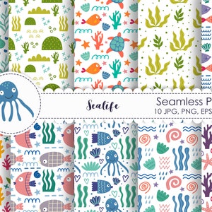 Sea Life digital paper, Sea seamless pattern, Ocean Life, Under the Sea, Sea animals, Nautical seamless pattern, Kids summer digital paper.