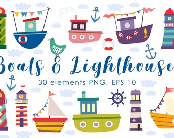 Nautical Clipart Bundle: Boats, Lighthouse, Seaside (PNG, EPS)