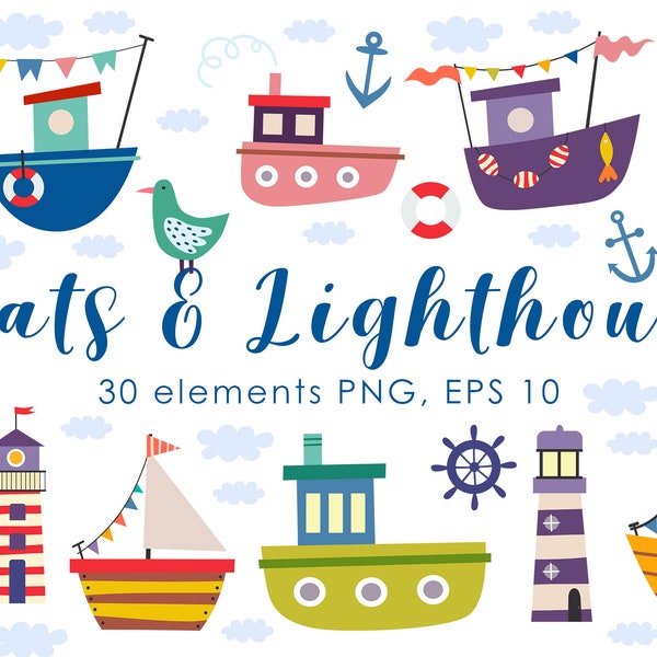 Boats and Lighthouse clipart, Nautical bundle Png, Nautical clipart, boat ship, lighthouse PNG, Instant Download, Beach clipart, seaside,EPS