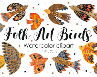 Folk Art Birds Clipart: Watercolor PNG Graphics (Digital Download)