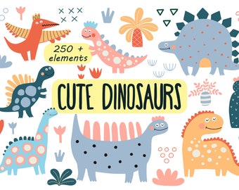 Cute Dinosaurs Clipart, Seamless Patterns, Lettering (Digital Download)
