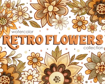 Watercolor Retro Flower Clipart: 70s Boho PNG Elements (Digital Download)