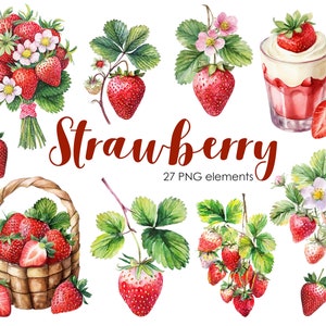 Clipart fraise aquarelle, png aquarelle, aquarelle numérique, clipart printemps, clipart fruits, png fraise, graphiques fraise.