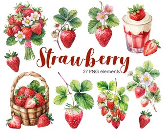Clipart di fragole ad acquerello: 27 grafiche PNG (download digitale)