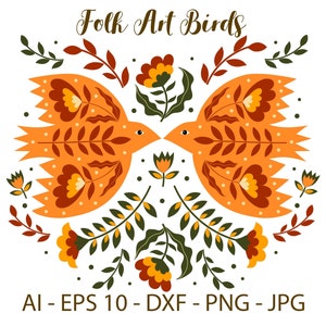 Folk Art Birds, Birds clipart, instant download, Primitive art, Folk Art, Wall art, scandinavian birds, png, eps,dxf, art nordic, primitive.