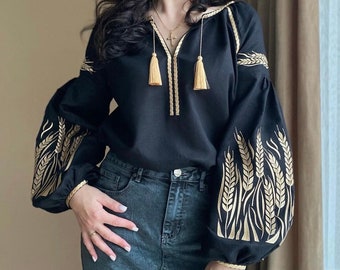 Blusa ricamata molto bella. Blusa in lino fatta a mano. Regalo per la sua donna. Camicetta etno folk per lei. Tunica blusa ucraina nera. Vyshyvanka