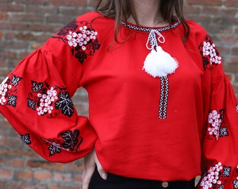 Red Linen Embroidered Blouse for Women | Ukrainian Vyshyvanka, Handmade Ethnic Folk Tunic, Boho Gift for Her, Woman | Black White Embroidery