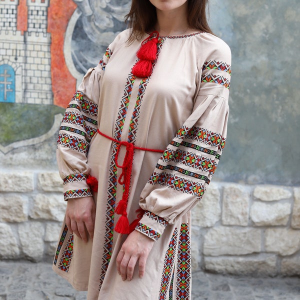 Beautiful embroidered dress. Handmade gray dress. Ethno Folk dress for woman, girl. Gift for her, woman. Ukrainian Boho dress. Vyshyvanka