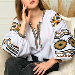 Beautiful hand embroidered blouse. Ethno Folk Blouse For Woman. Gift for her White linen blouse for woman. Ukrainian blouse tunic Vyshyvanka
