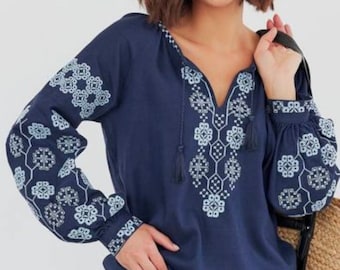 Beautiful embroidered blouse. Blue handmade blouse. Ethno Folk Blouse For Woman. Gift for her, girl, woman Ukrainian linen blouse Vyshyvanka