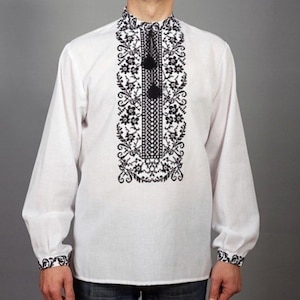 Modern handmade embroidered men&#39;s shirt. Linen White T-Shirt for man. Gift for him, man, boy. Embroidered Ukrainian T-Shirt. Vyshyvanka